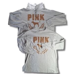 VS PINK Heathered Grey Rose Gold Glitter Cowlneck Sweatshirt And Long Shirt
